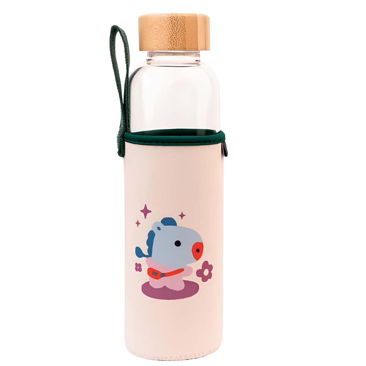 Lasinen juomapullo 500ml, uudelleenkäytettävä, MANG-kuvio, kotelolla