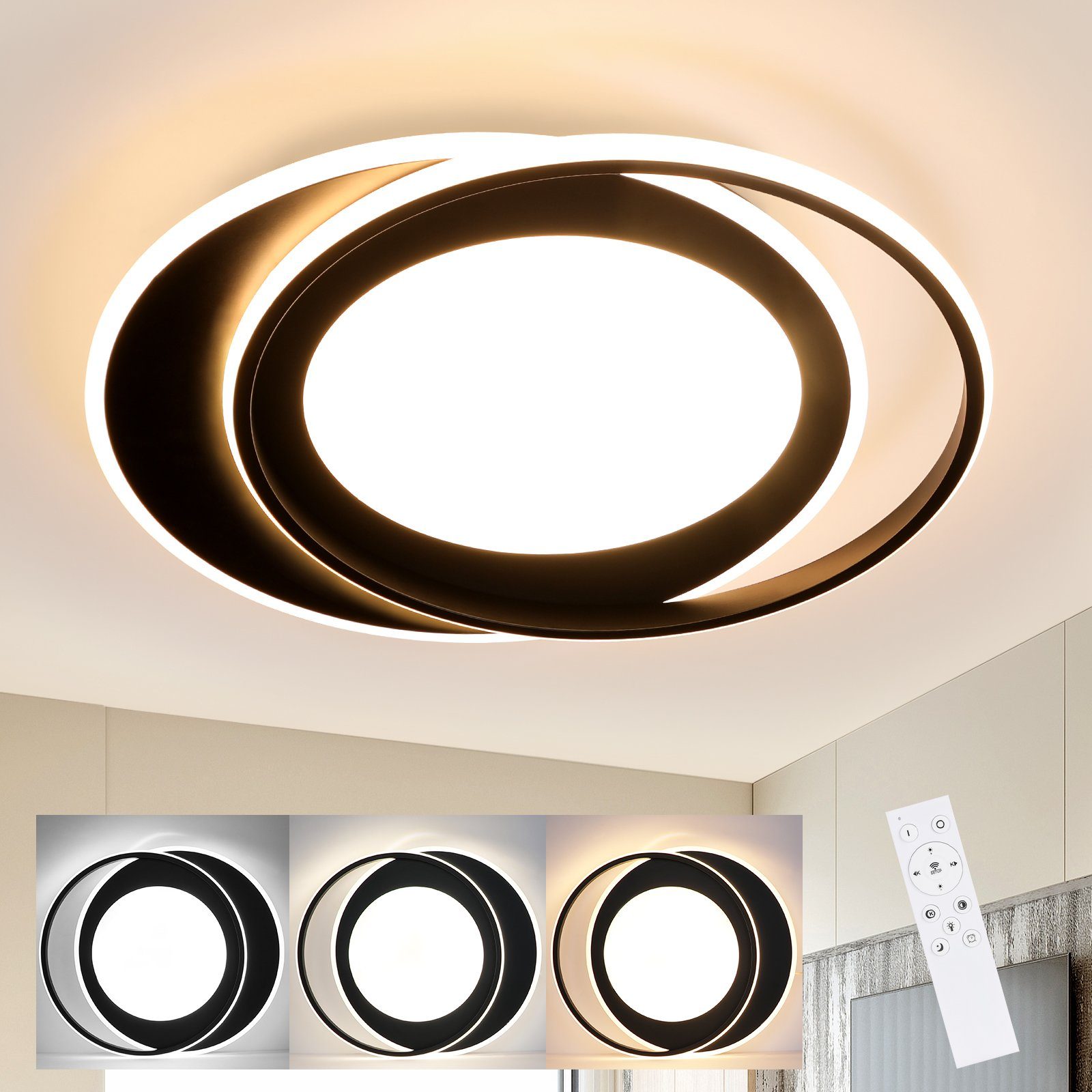 NETTLIFE pyöreä LED - kattovalaisin, 66W moderni, makuuhuone musta, himmennettäväKaukosäätimellä, olohuoneeseen Keittiöön Käytävään toimistoon