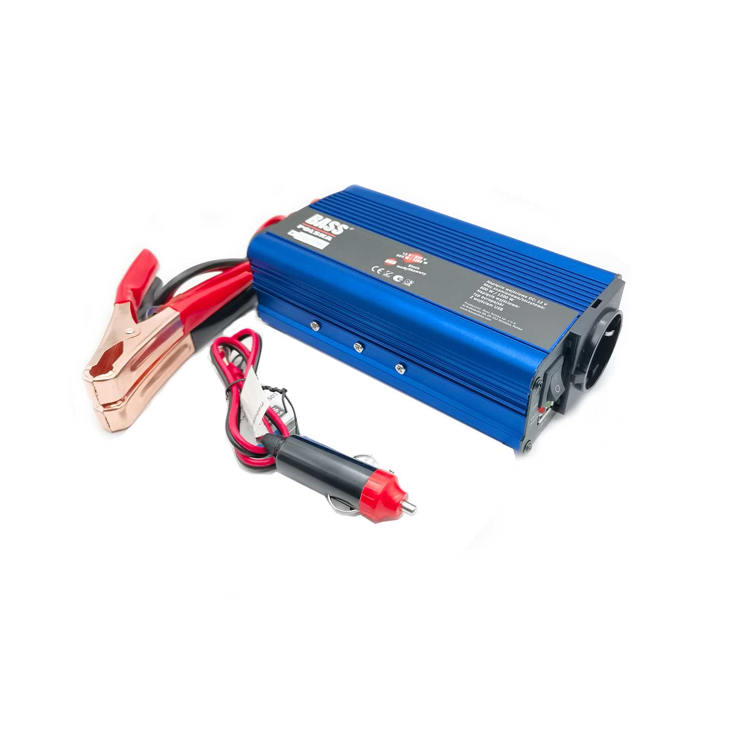 Jännitteenmuunnin 12 V - 230 V, muunnettu sinimuotoinen, 600 W/1200 W, sininen