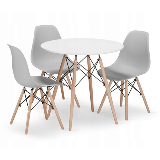 TODI pyöreä pöytä 80 cm, 3 OSAKA-tuolia, harmaa ja valkoinen
