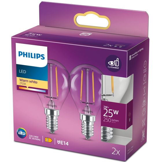 2 kpl LED E14 Globe 2W (25W) Kirkas 250lm