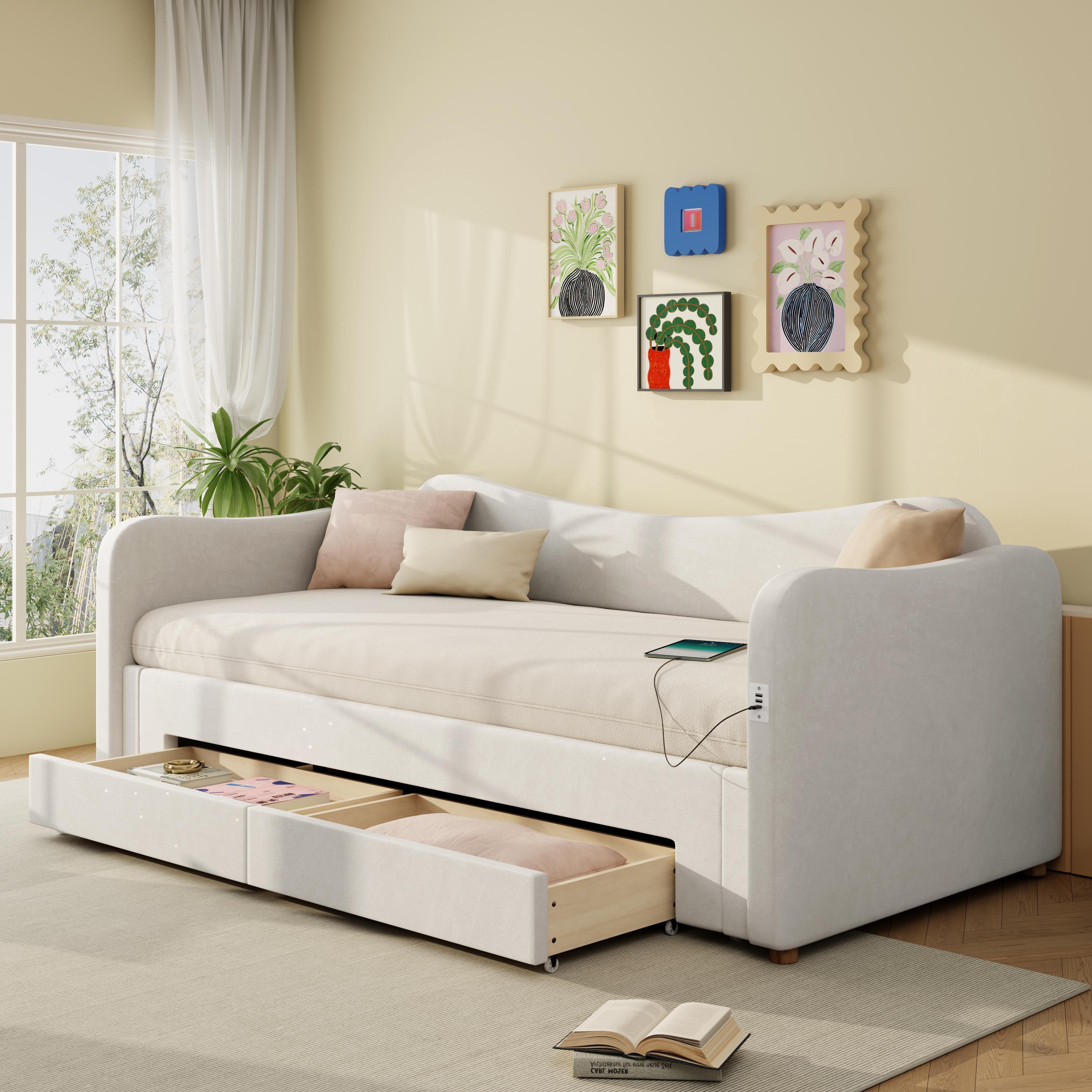 Verhoilusänky 90x200 cm USB-liitännällä, beige samettia