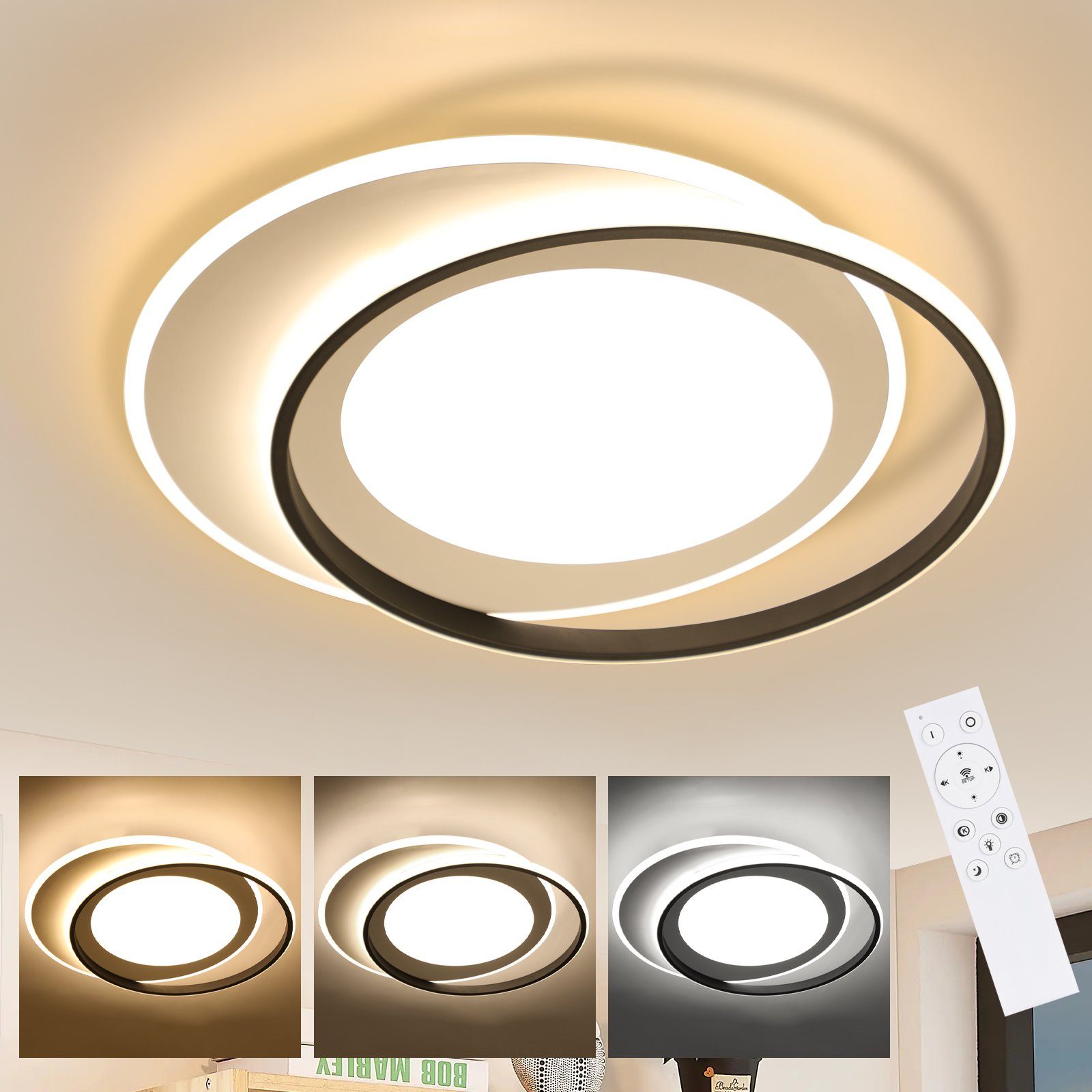 NETTLIFE LED - kattovalaisin, mustavalkoinen pyöreä, 66W moderni, himmennettäväKaukosäätimellä, olohuoneen lamppu, makuuhuoneeseen Keittiöön