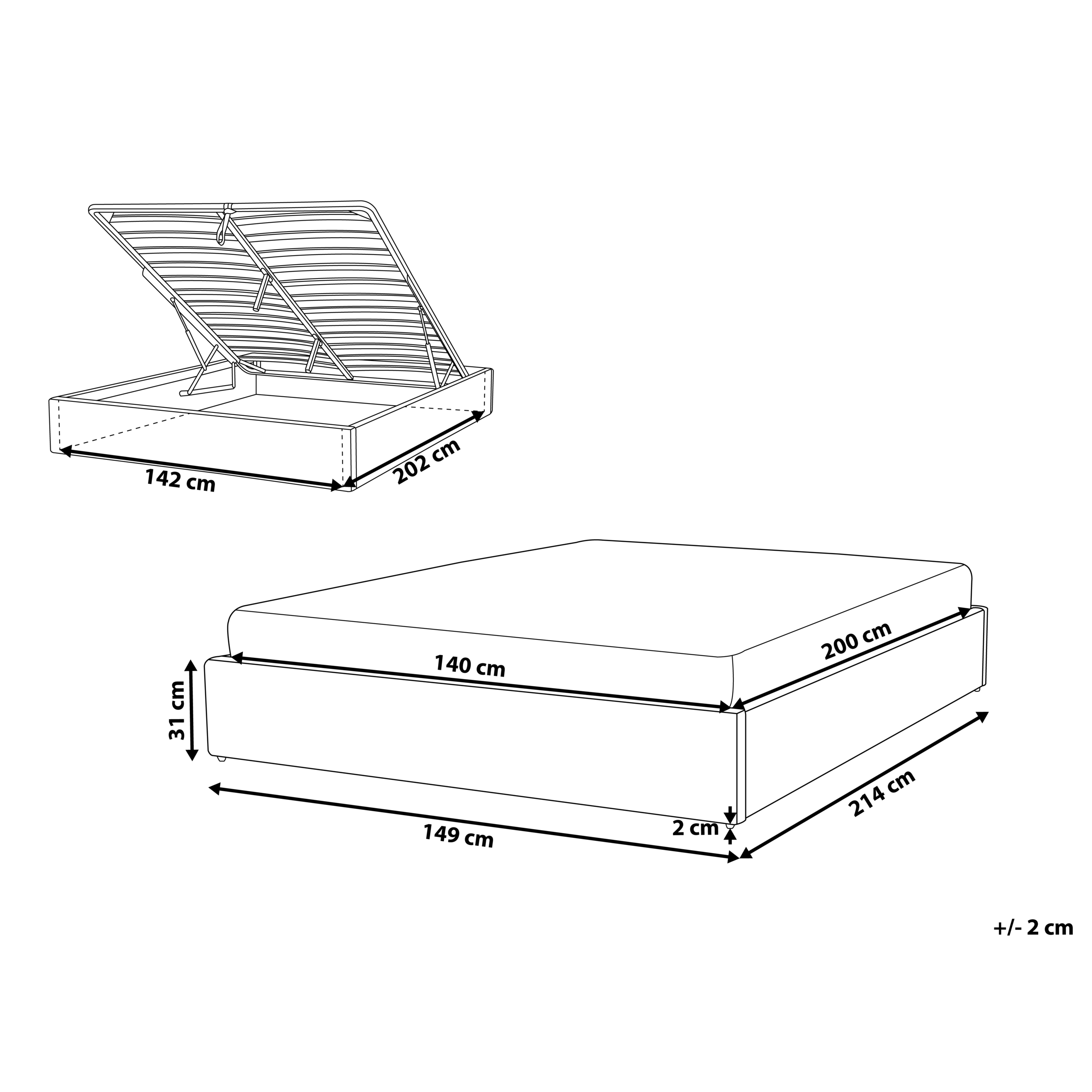 Sänky säilytystilalla ilman sängynpäätyä kangas DINAN 140 x 200 cm Tummanharmaa