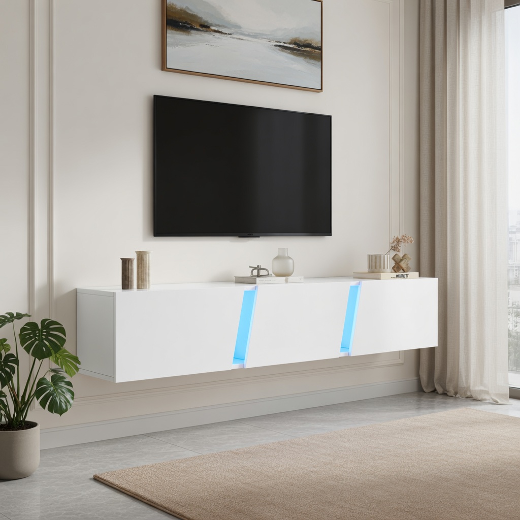 TV-taso seinäkiinnityksellä 180x35x30 cm valkoinen lastulevy LED-valaistu