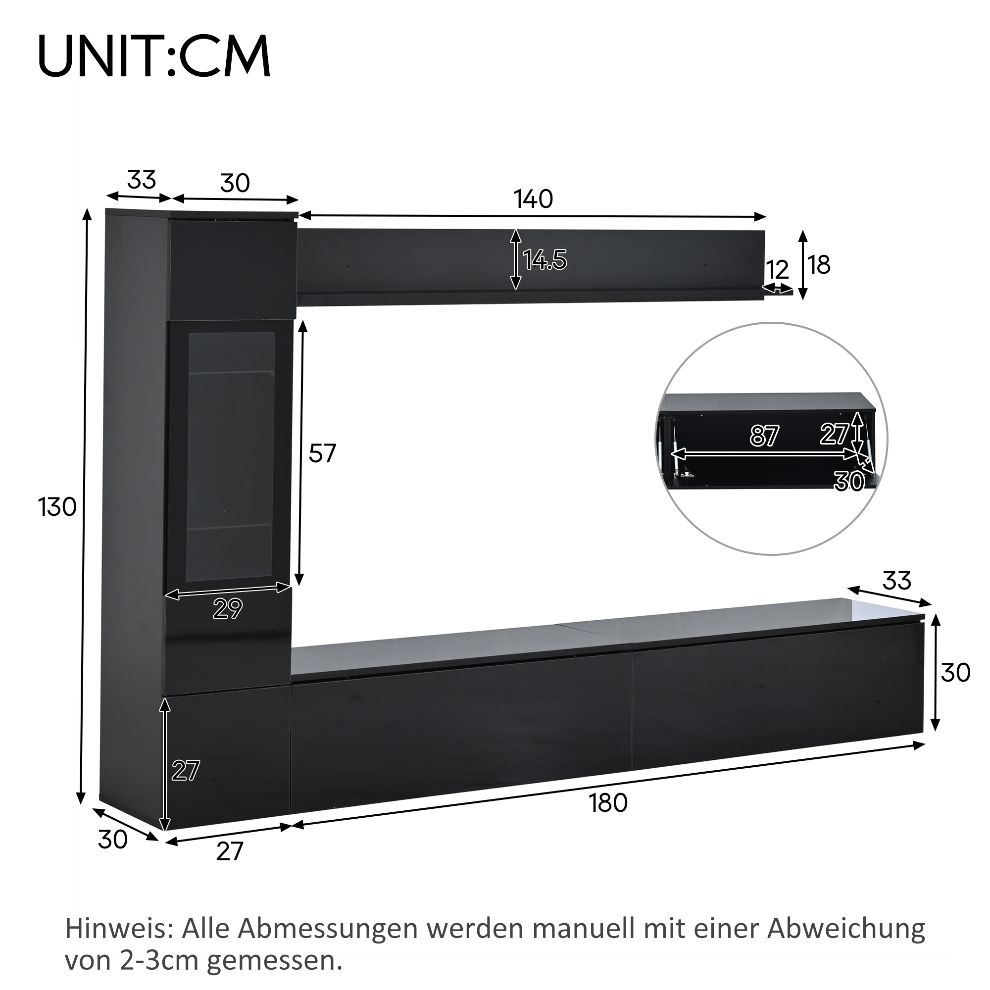 TV-taso 180x33x30 cm musta lastulevy LED-valaistu