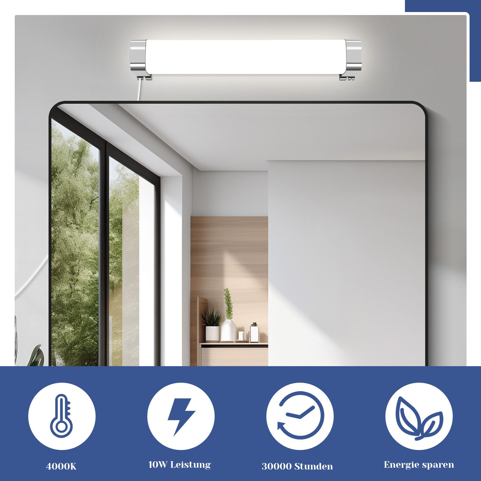 NETTLIFE LED - peiliseinävalaisin 10 W:n pistorasialla, 2 kpl:n setti, neutraali valkoinen 4000K, kromi