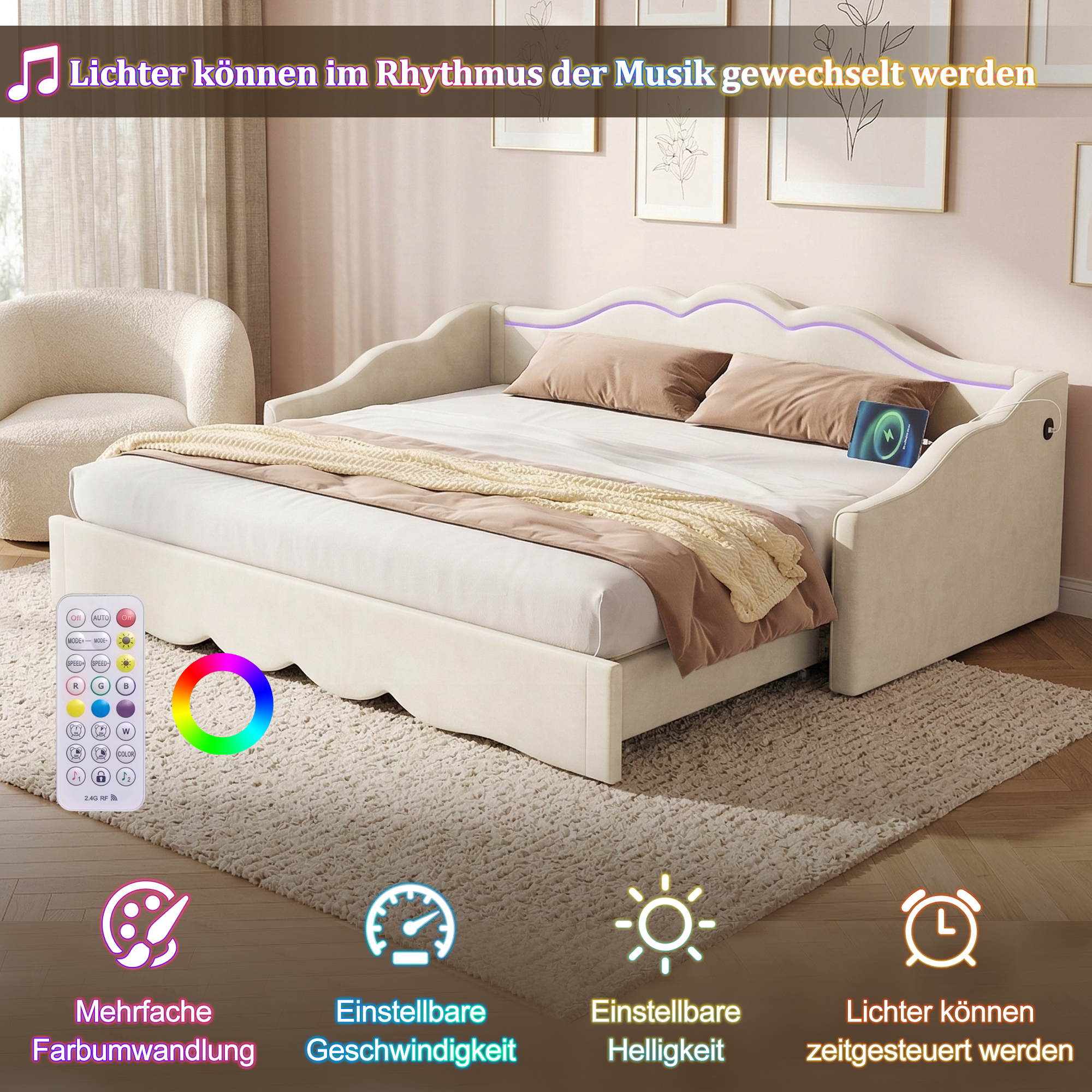 Vuodesohva 90x200, jatkettava 180 asteeseen, parivuode, LED-valoilla ja USB-liitännällä, sametti, beige