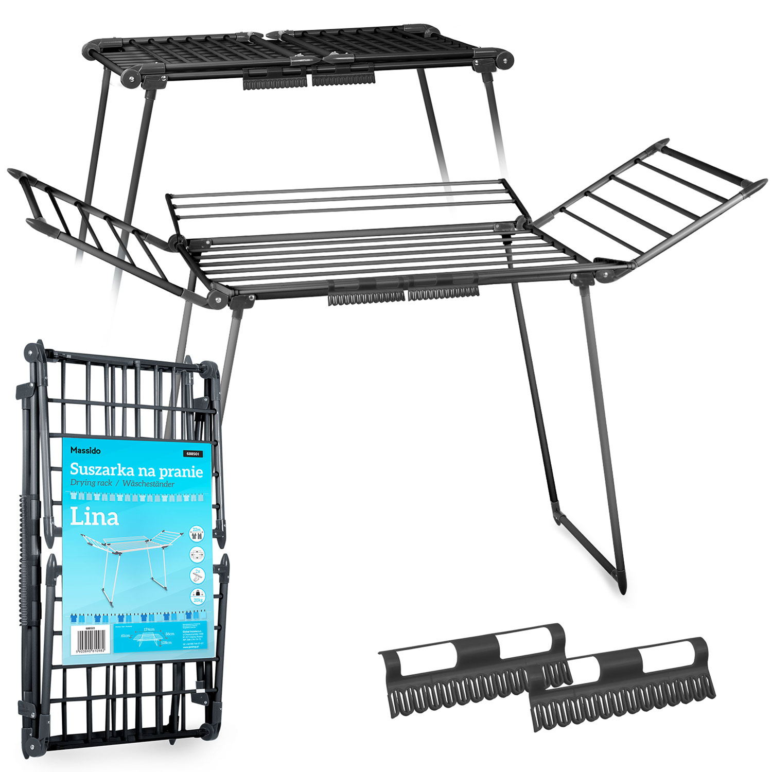 Lina 22 m musta taittuva pyykinkuivausteline jalustalla
