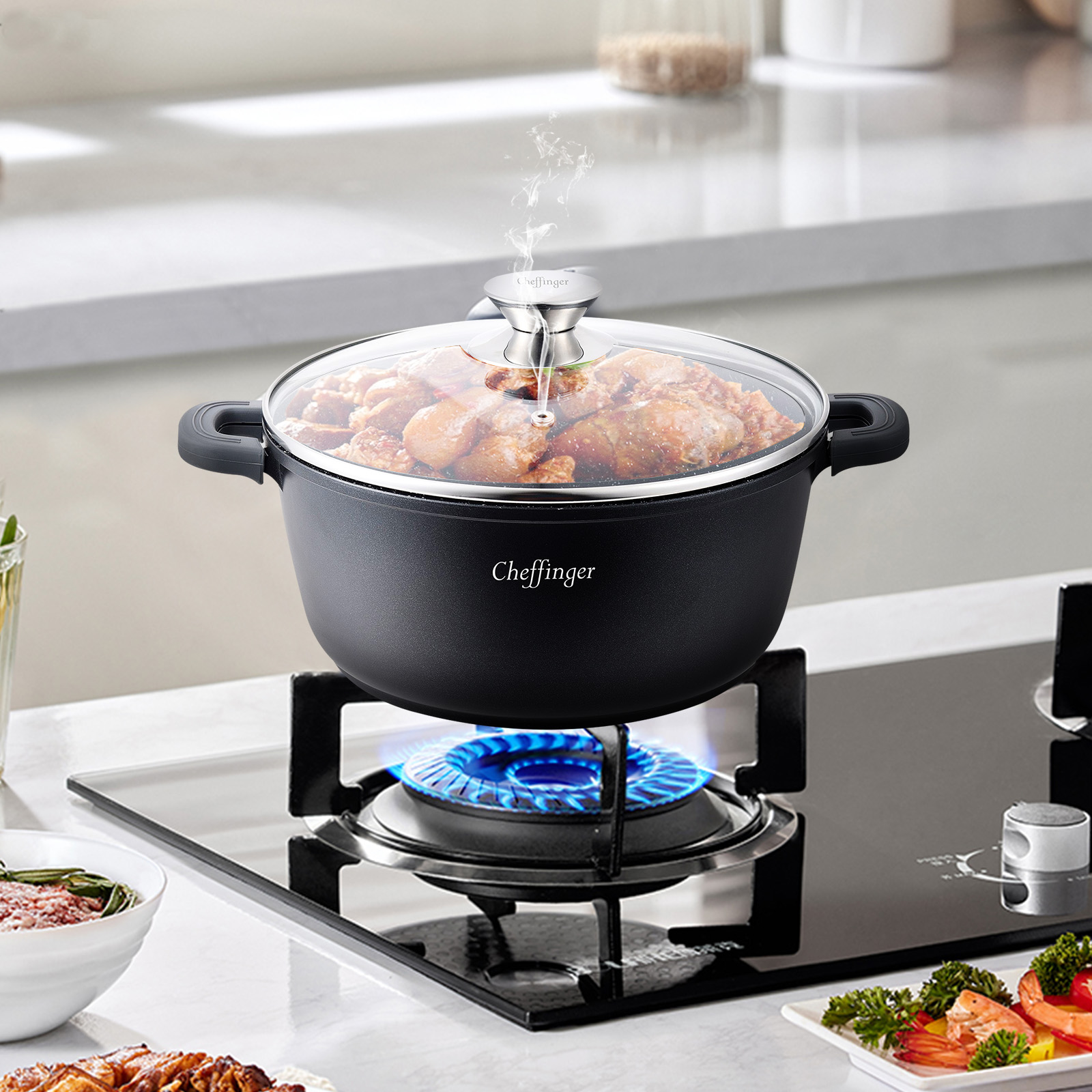 24cm Induktiokattila Tarttumaton Marmorivaikutteinen Pinnoite Lasikannella