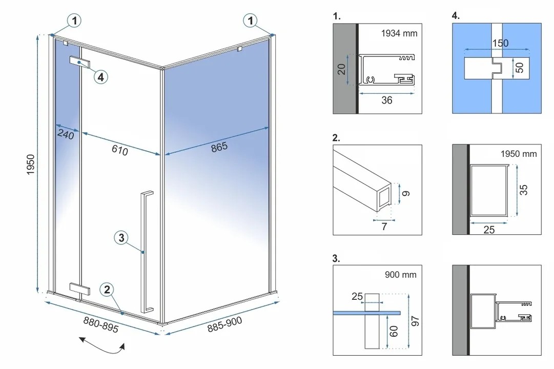 REA Suihkukaappi FARGO 90x90 Musta, 90X90X195CM + suihkuallas savoy valkoinen