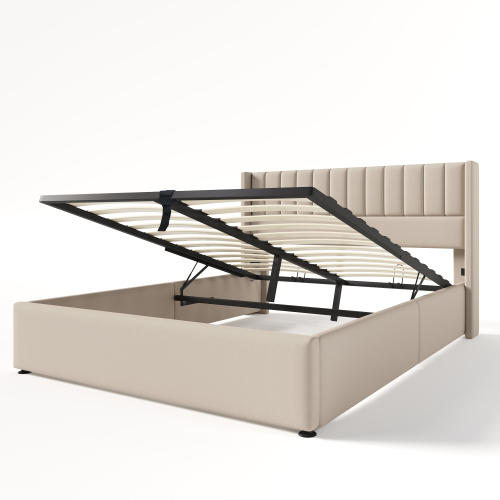Verhoiltu Sänky 160 x 200 cm, Beige Pellava, Hydraulinen
