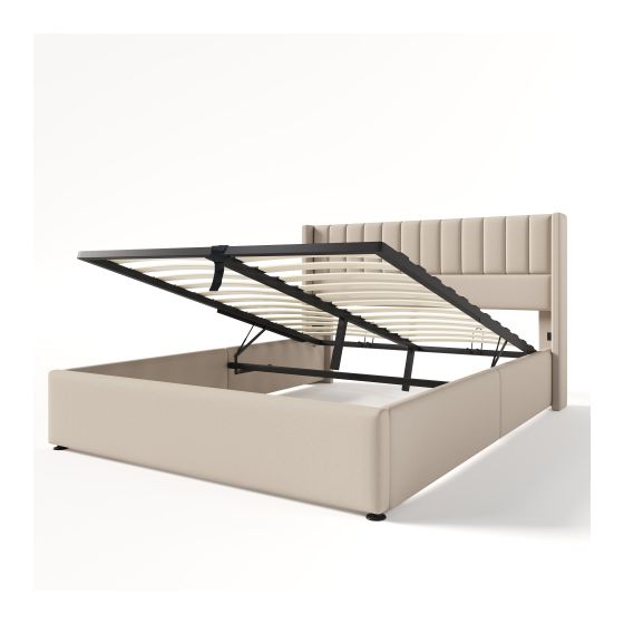 Verhoiltu Sänky 160 x 200 cm, Beige Pellava, Hydraulinen