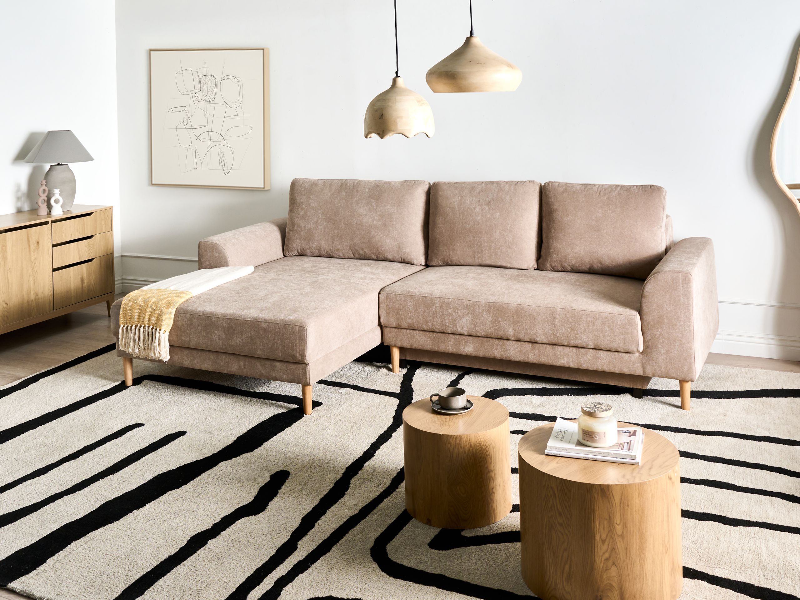 Kulmavuodesohva 3-istuttava NUBORG chenille Vaaleanruskea Oikea