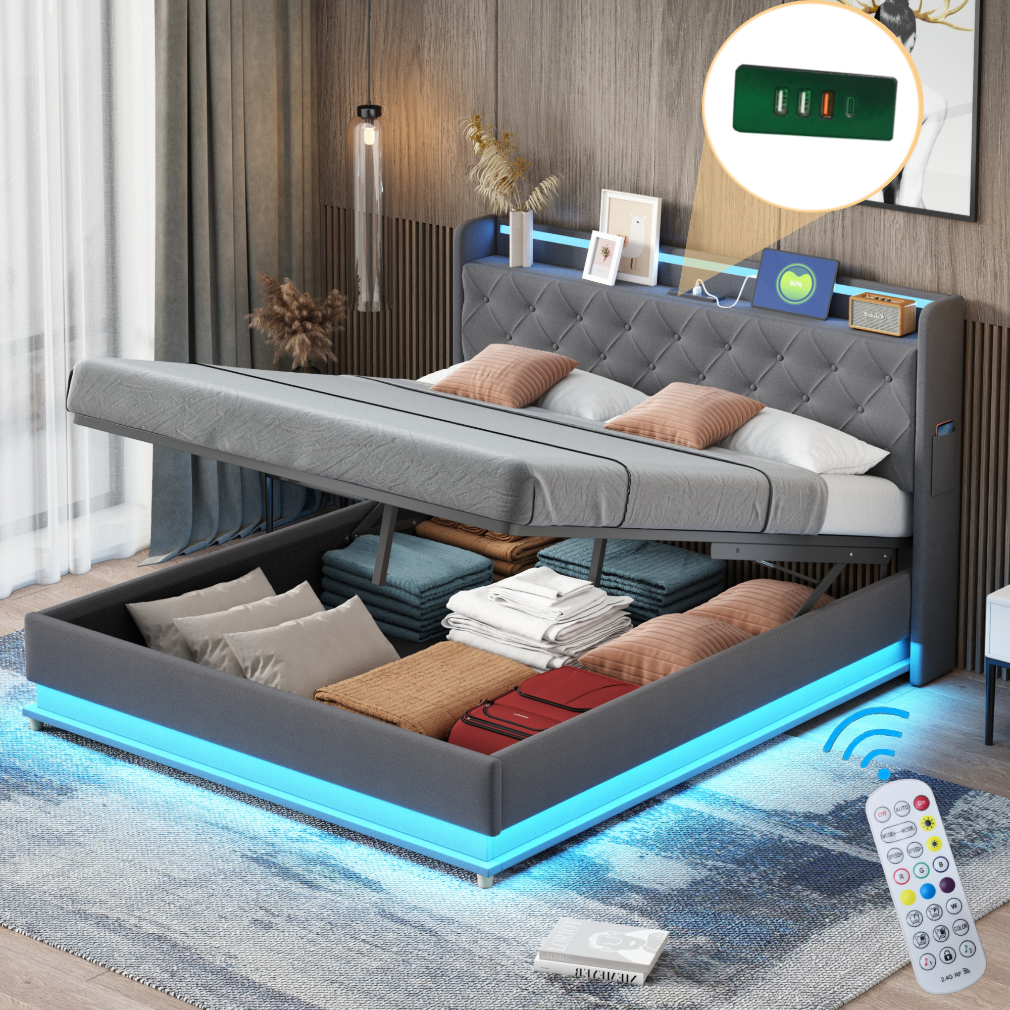 sänky 160x200 cm led-valaistus usb-lataus säilytystila harmaa kangas