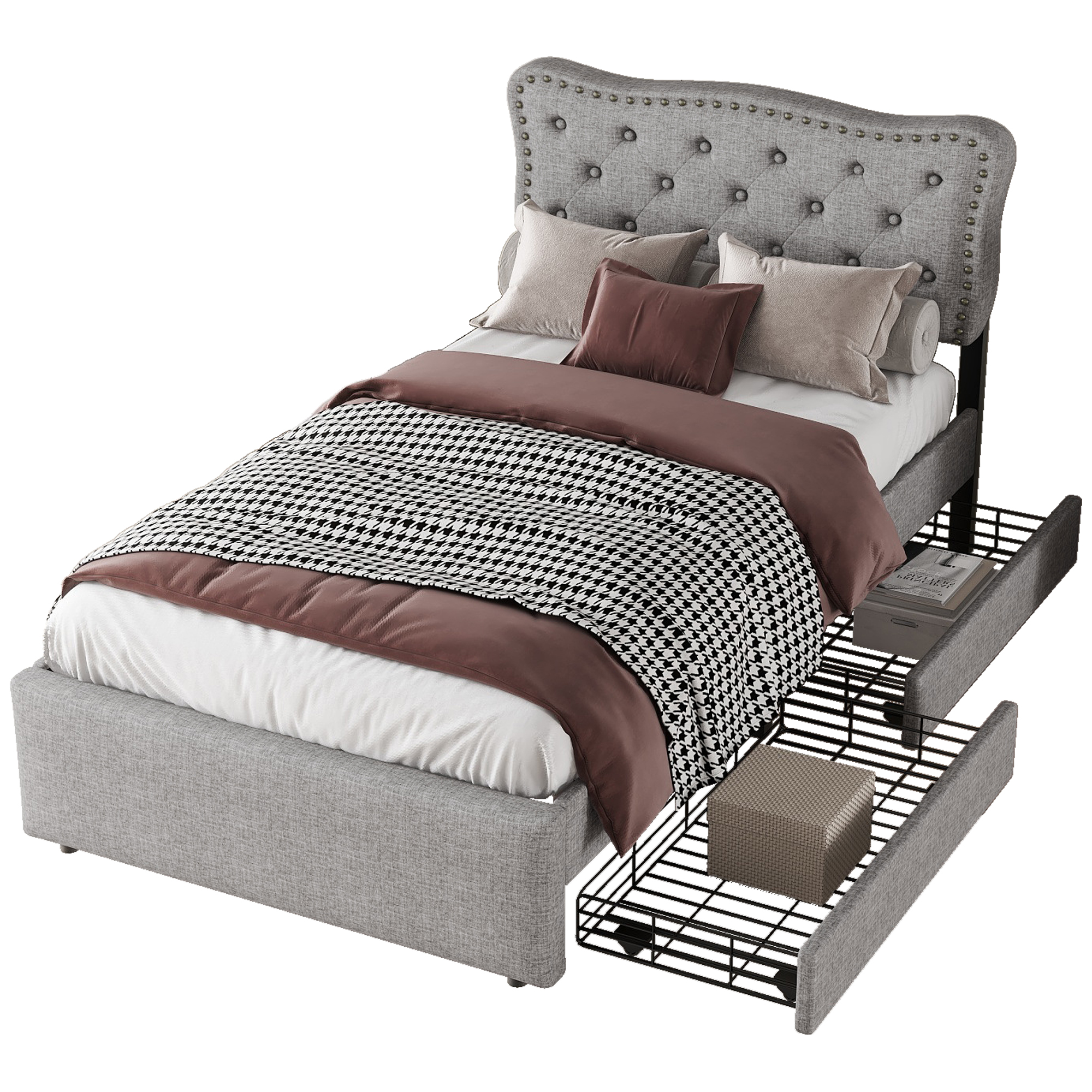 Verhoiltu sänky 90 x 200 cm, yhden hengen sänky kahdella laatikolla, sängynpääty koristeellisilla niiteillä, harmaa