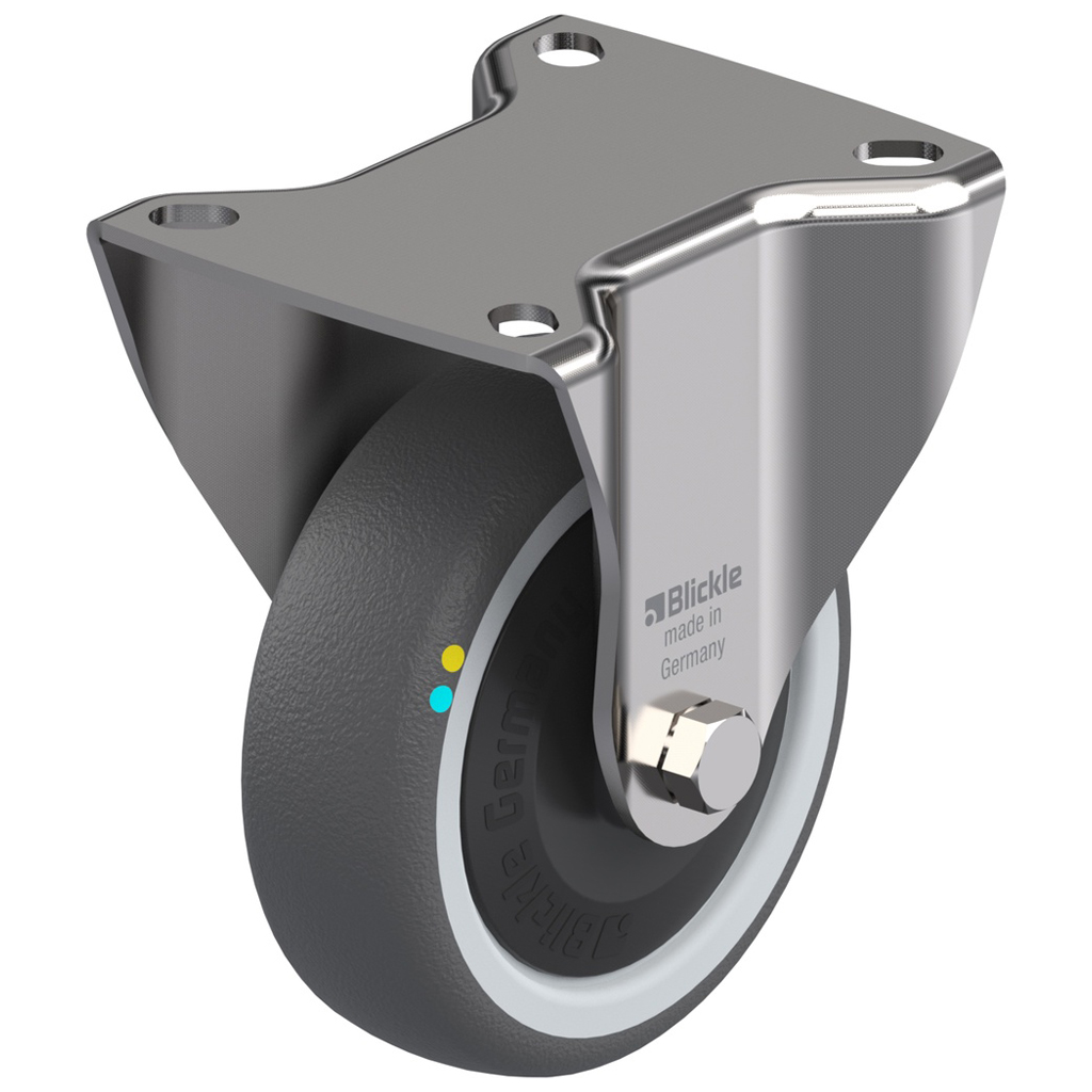 100 mm:n ruostumattomasta teräksestä valmistettu kiinteä pyörä, jossa on harmaa sähköä johtava kestomuovi.