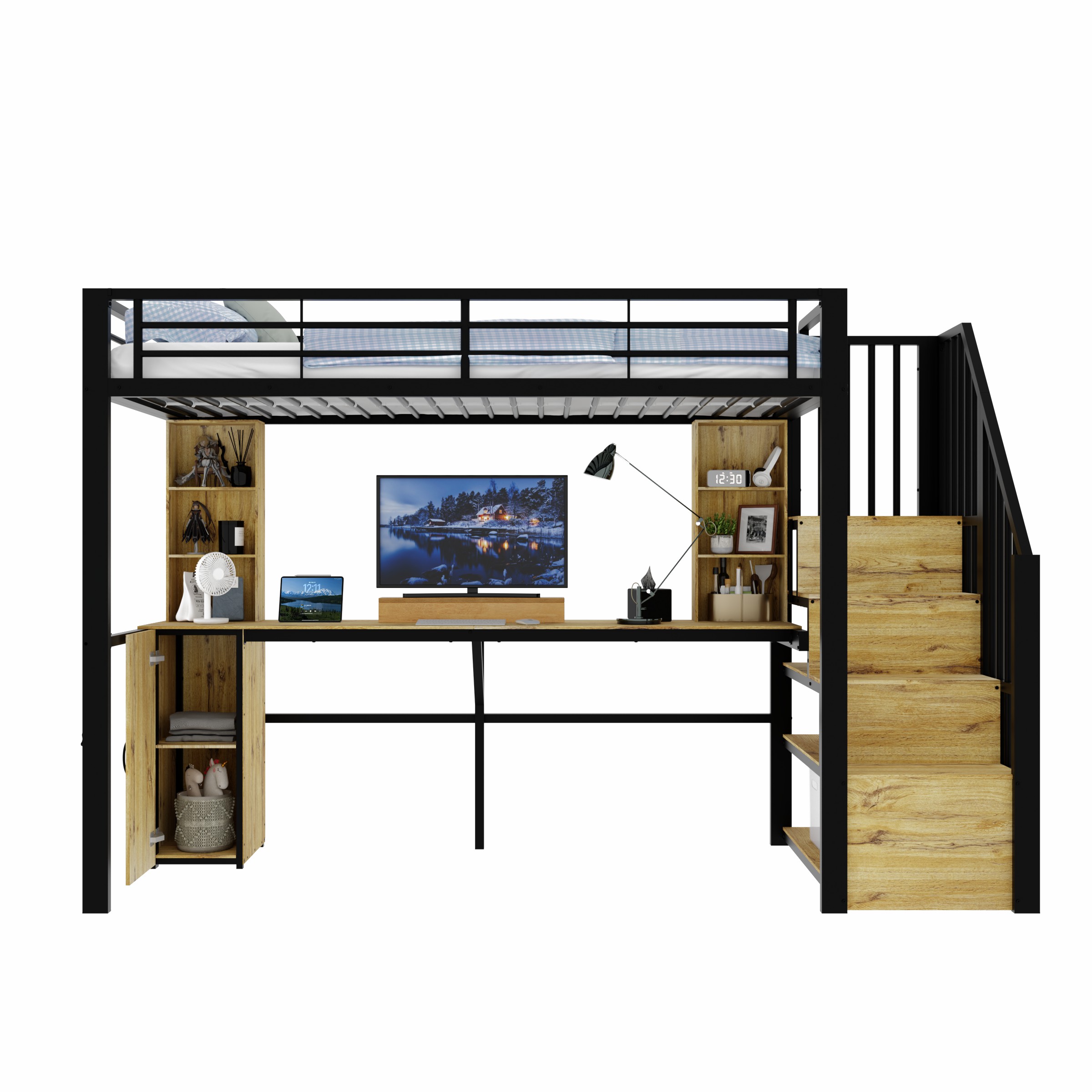 Hochbett 90x200 cm turva-aidoin, säilytystila, kirjoituspöytä ja USB-liitäntä, musta, metalli ja MDF