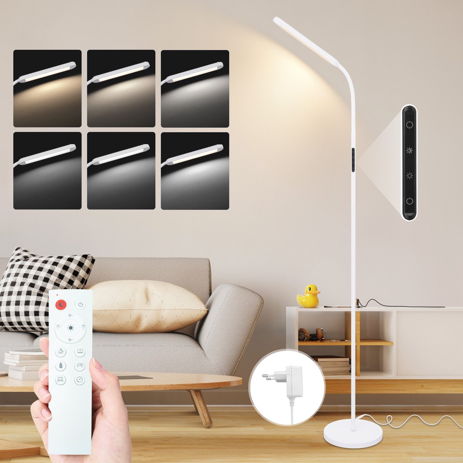 NETTLIFE LED - lattiavalaisin olohuoneeseen, himmennettävä, valkoinen lattiavalaisin, 11 W, 360° kääntyvä, sohva