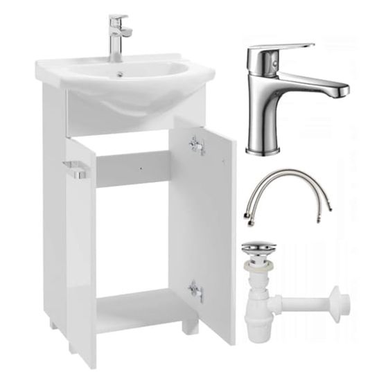 Kylpyhuonekaappi pesualtaalla jaloilla 85x50, seisova valkoinen Mila pitkänomainen kromihana