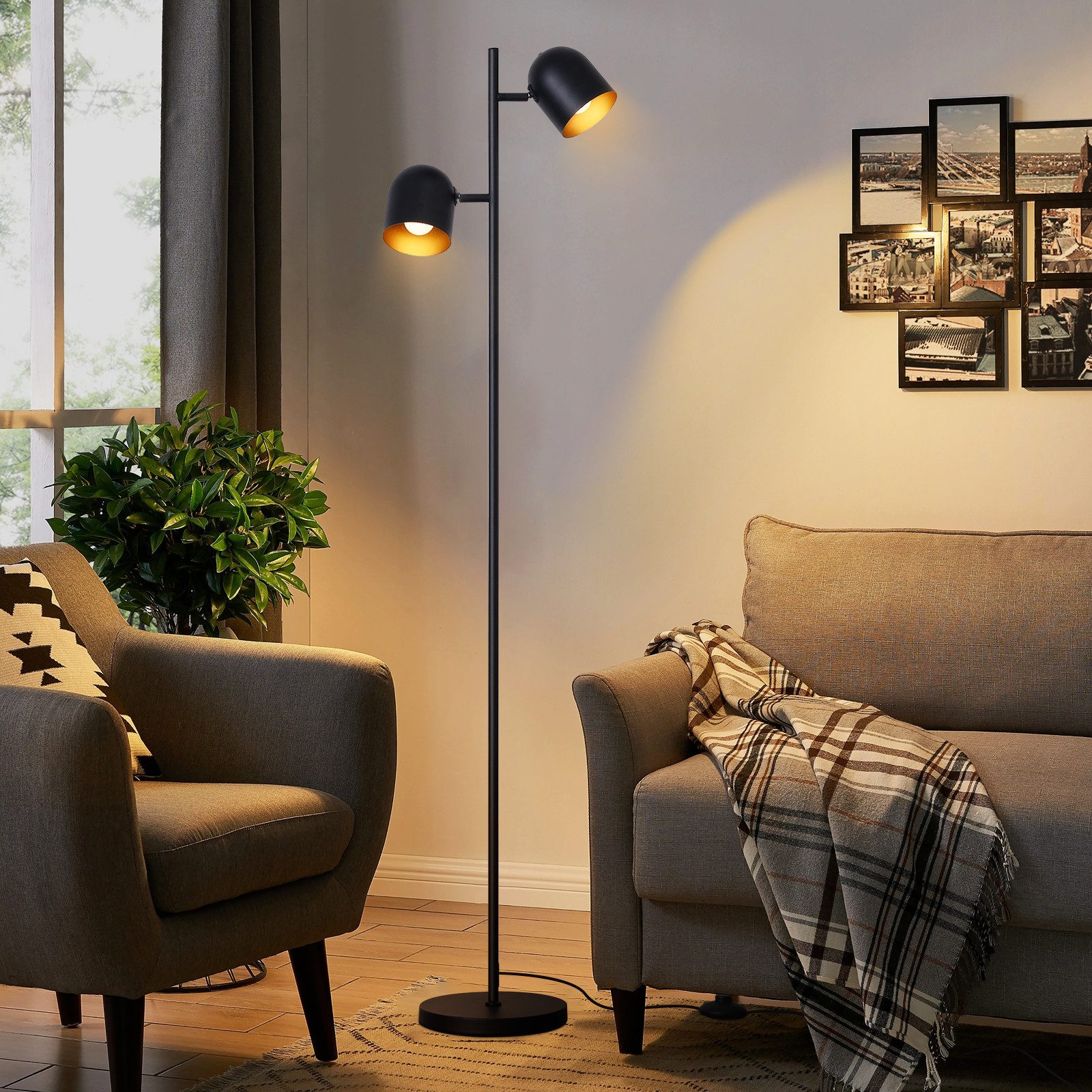 NETTLIFE - lattiavalaisin, 2 lamppua, mustakultainen metalli, E14, retrotyylinen teollisuuslattiavalaisin