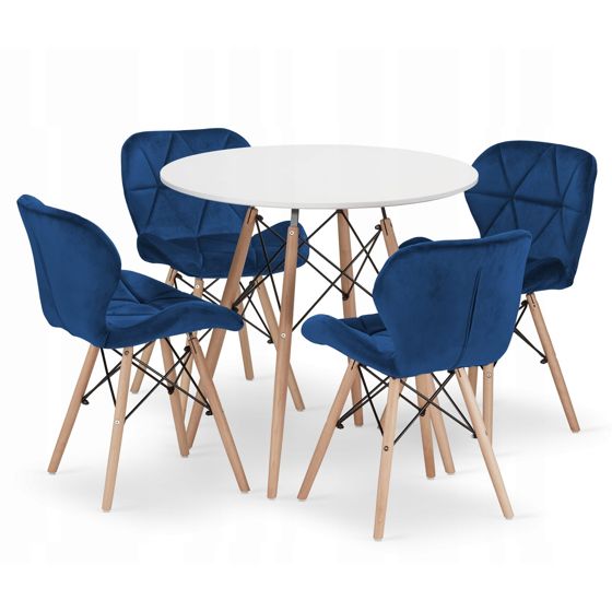 TODI pyöreä pöytä 80 cm, 4 LAGO-tuolia, tummansininen, valkoinen