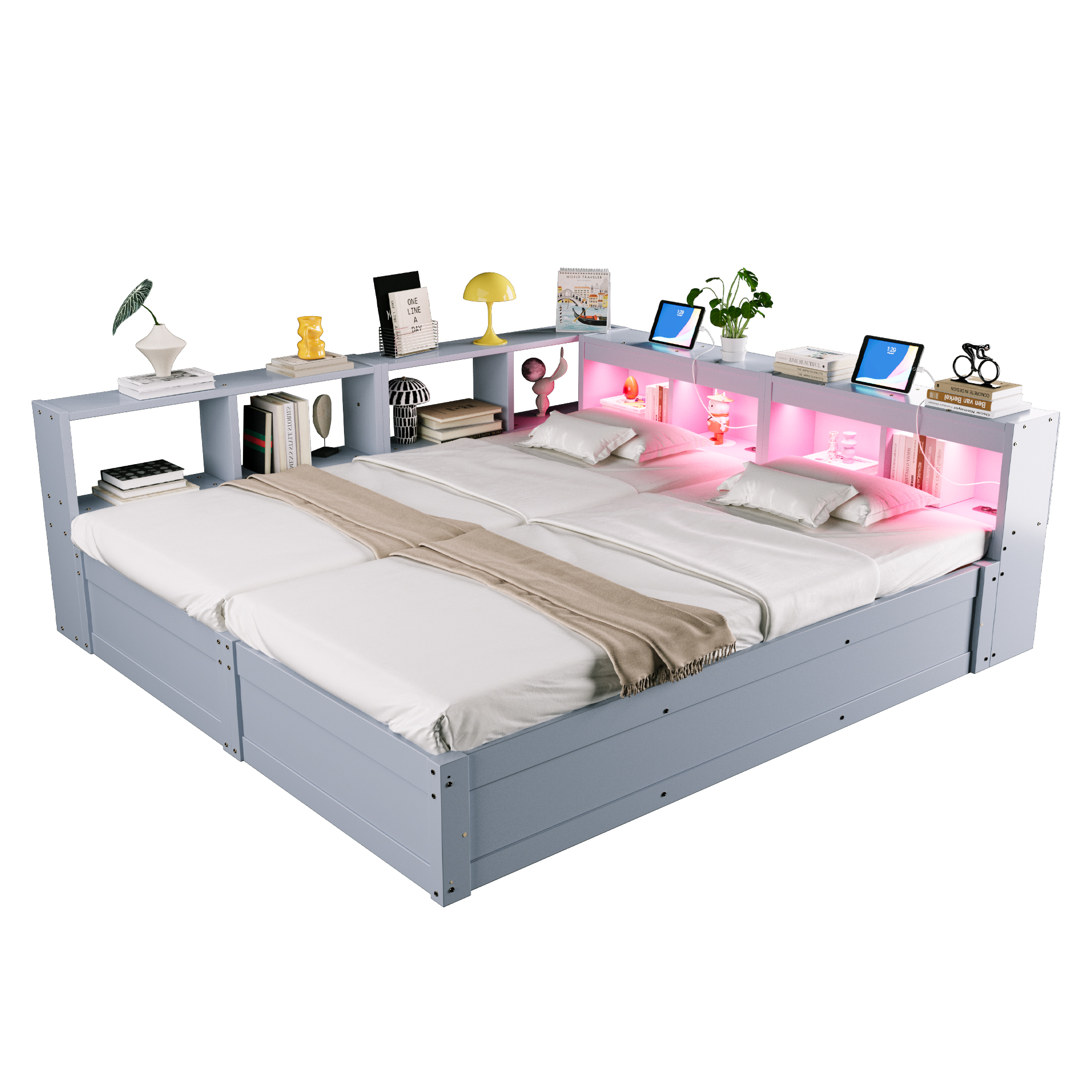sänky 90x200 cm säädettävä LED-valaistus graa MDF