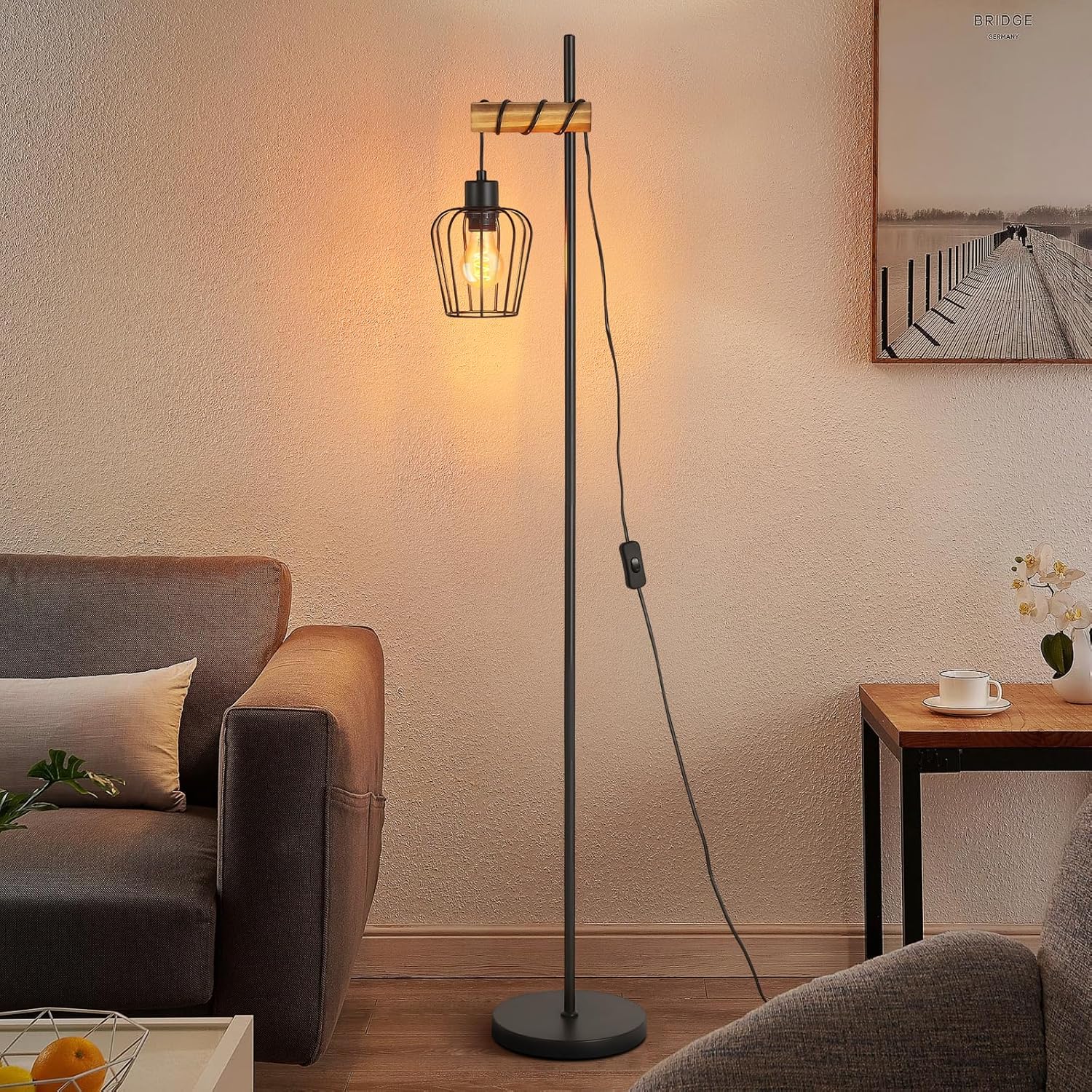 ZMH vintage puinen lattiavalaisin, musta olohuonevalaisin, teollisen muotoilun metallinen lattiavalaisin E27-kannalla, 146 cm (polttimo ei sisälly)