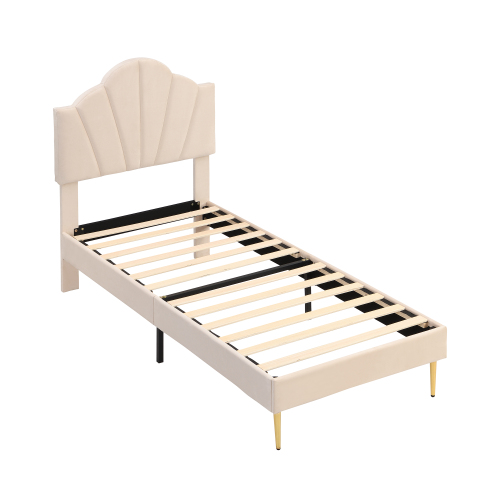 Verhoiltu Sänky 90 x 200 cm, Beige Sametti, Kullanväriset Rautajalat + Penkki