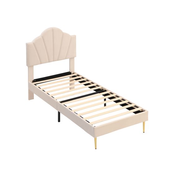 Verhoiltu Sänky 90 x 200 cm, Beige Sametti, Kullanväriset Rautajalat + Penkki