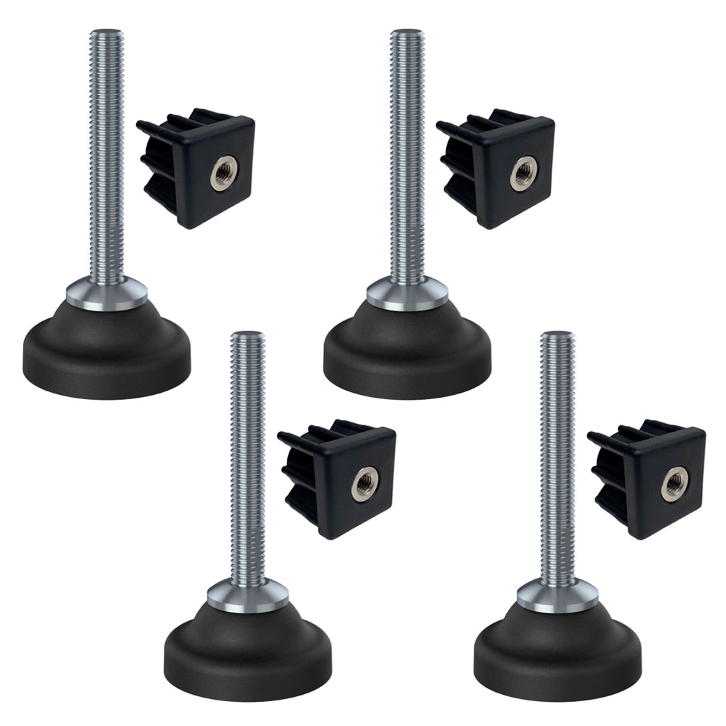 Ruostumaton teräsjalka M10x70, 50 mm:n muovialusta + kiinnike 40x40x1, 5 mm, kantavuus 1400 kg – 4 kpl:n sarja