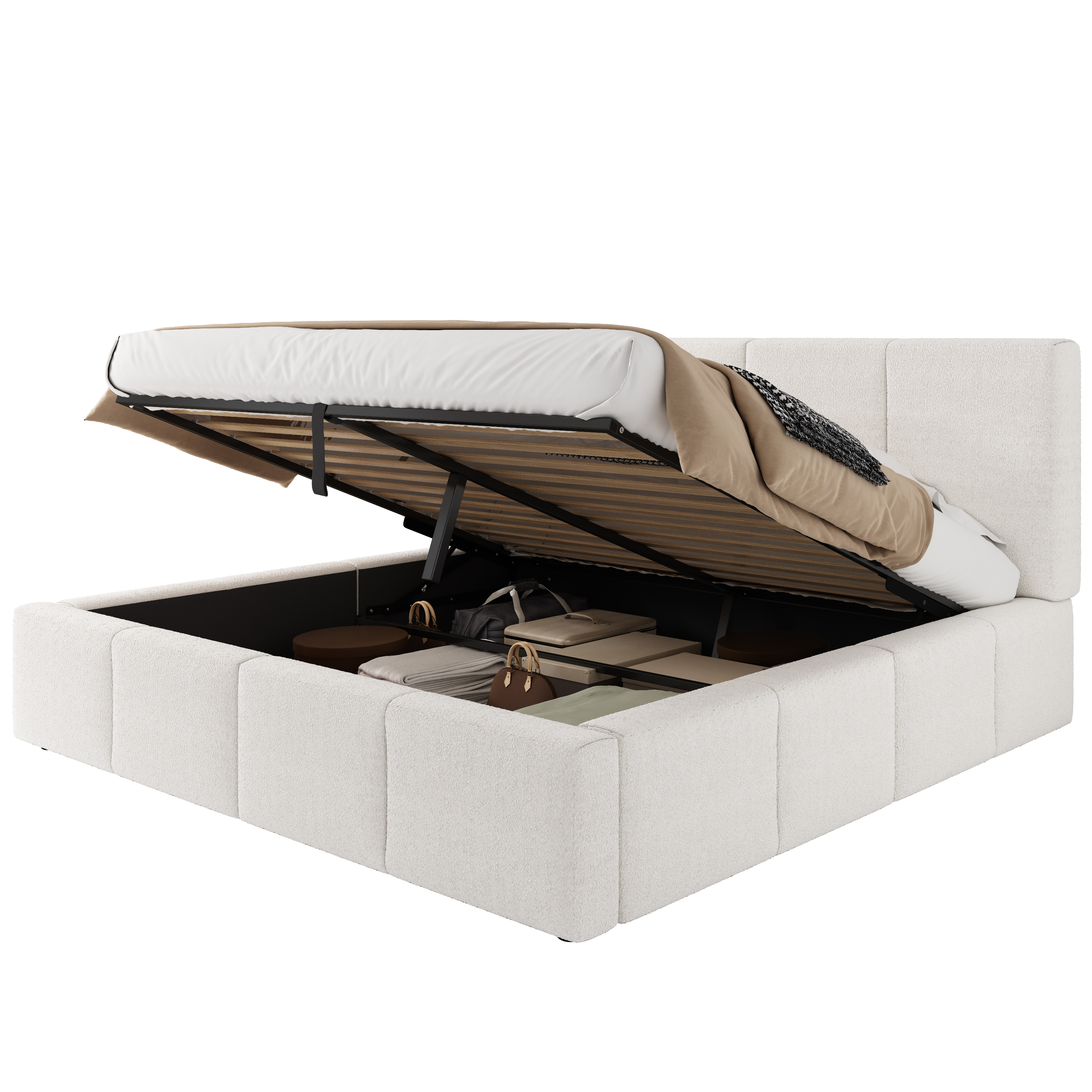 Verhoiltu sänky 180 x 200 cm, parisänky säilytystilalla, toiminnallinen sänky, beige