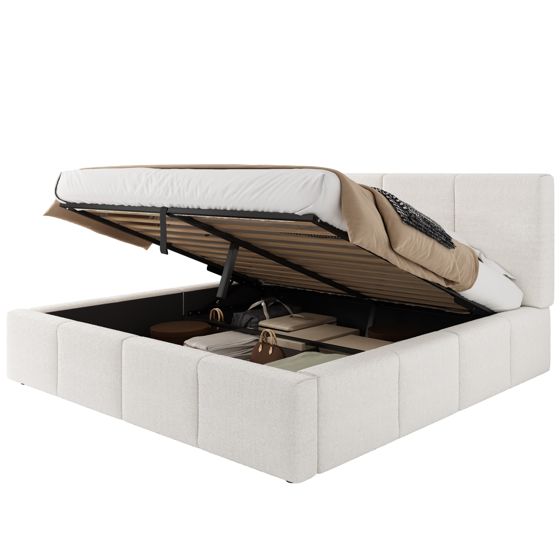 Verhoiltu sänky 180 x 200 cm, parisänky säilytystilalla, toiminnallinen sänky, beige