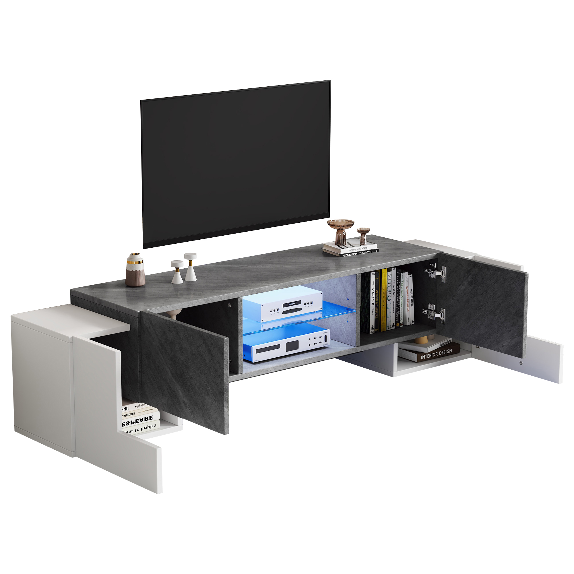 TV-taso 180x40x46.5 cm valkoinen ja harmaa MDF säilytyksellä ja LED-valaistuksella