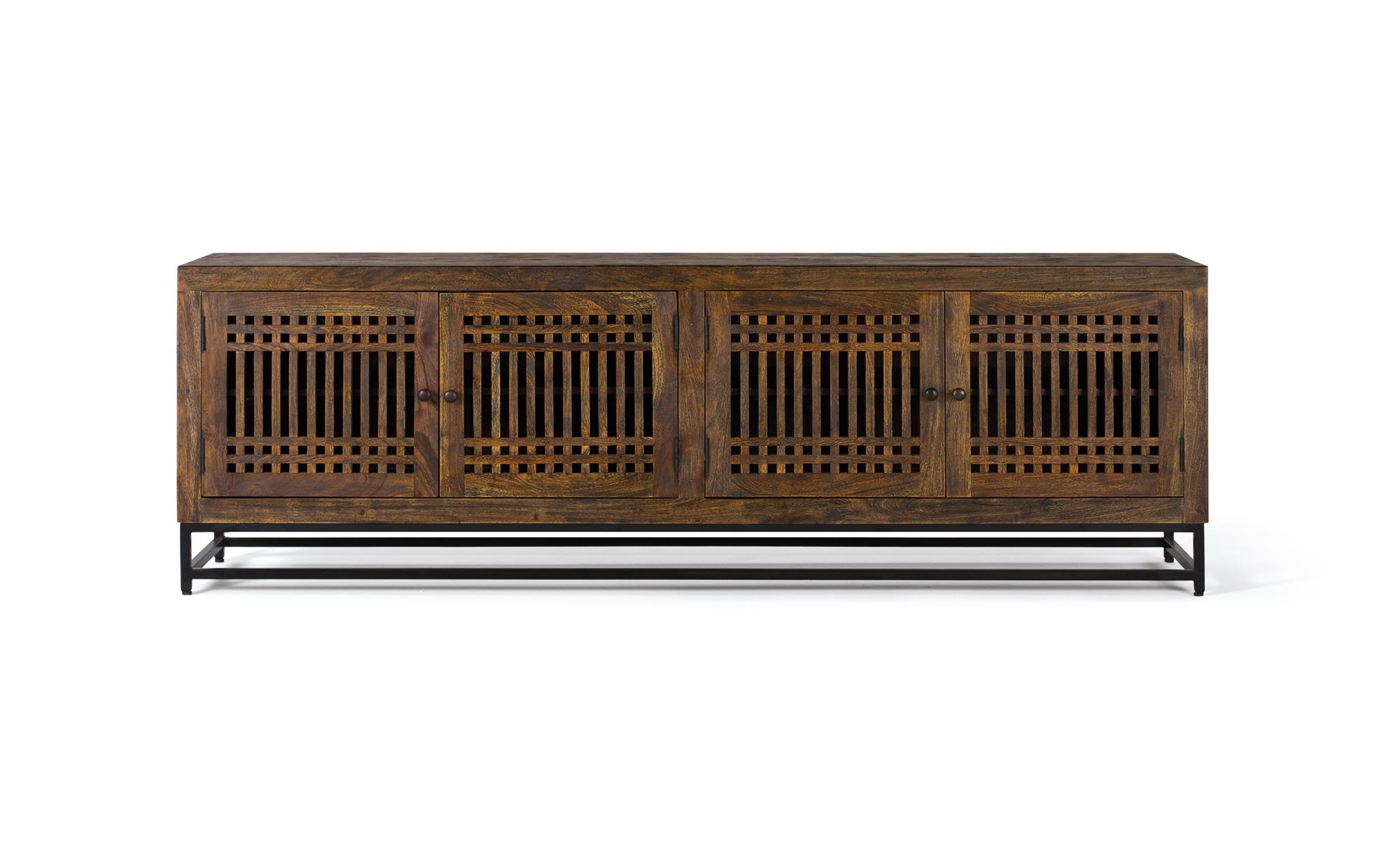 Akaasiapuusta valmistettu TV-taso, jossa on metallijalat ja neljä ovea