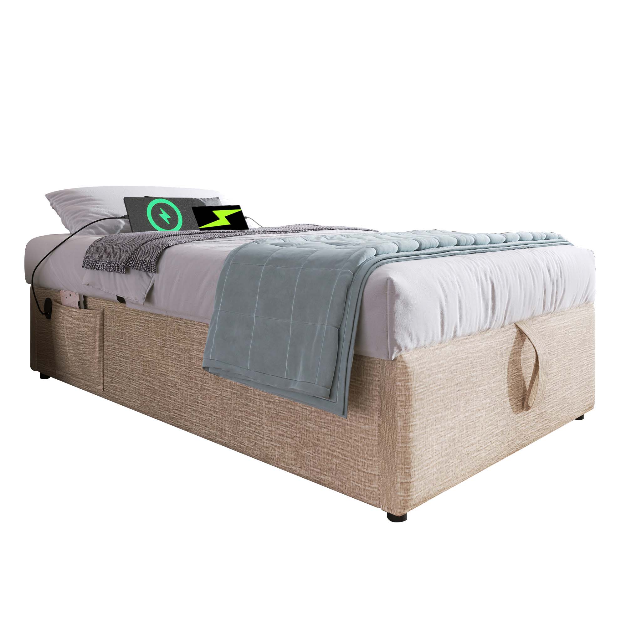 Sänky 90x200 cm säilytystila, USB- ja Type-C-liitännät, beige, kangas