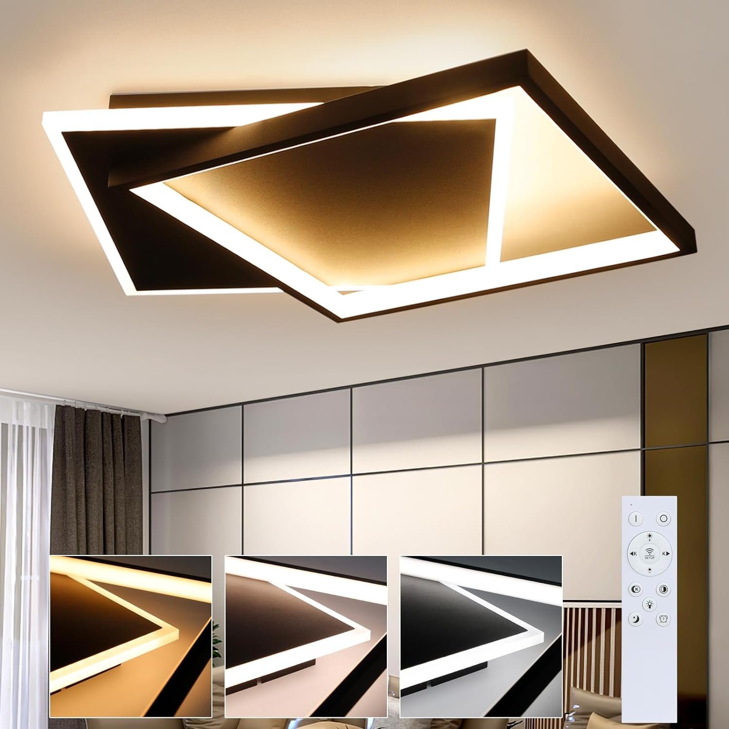 NETTLIFE LED - kattovalaisin makuuhuoneeseen, musta, himmennettävä, 42 W, moderni, kaukosäädin, neliönmuotoinen akryylikattovalaisin olohuoneeseen