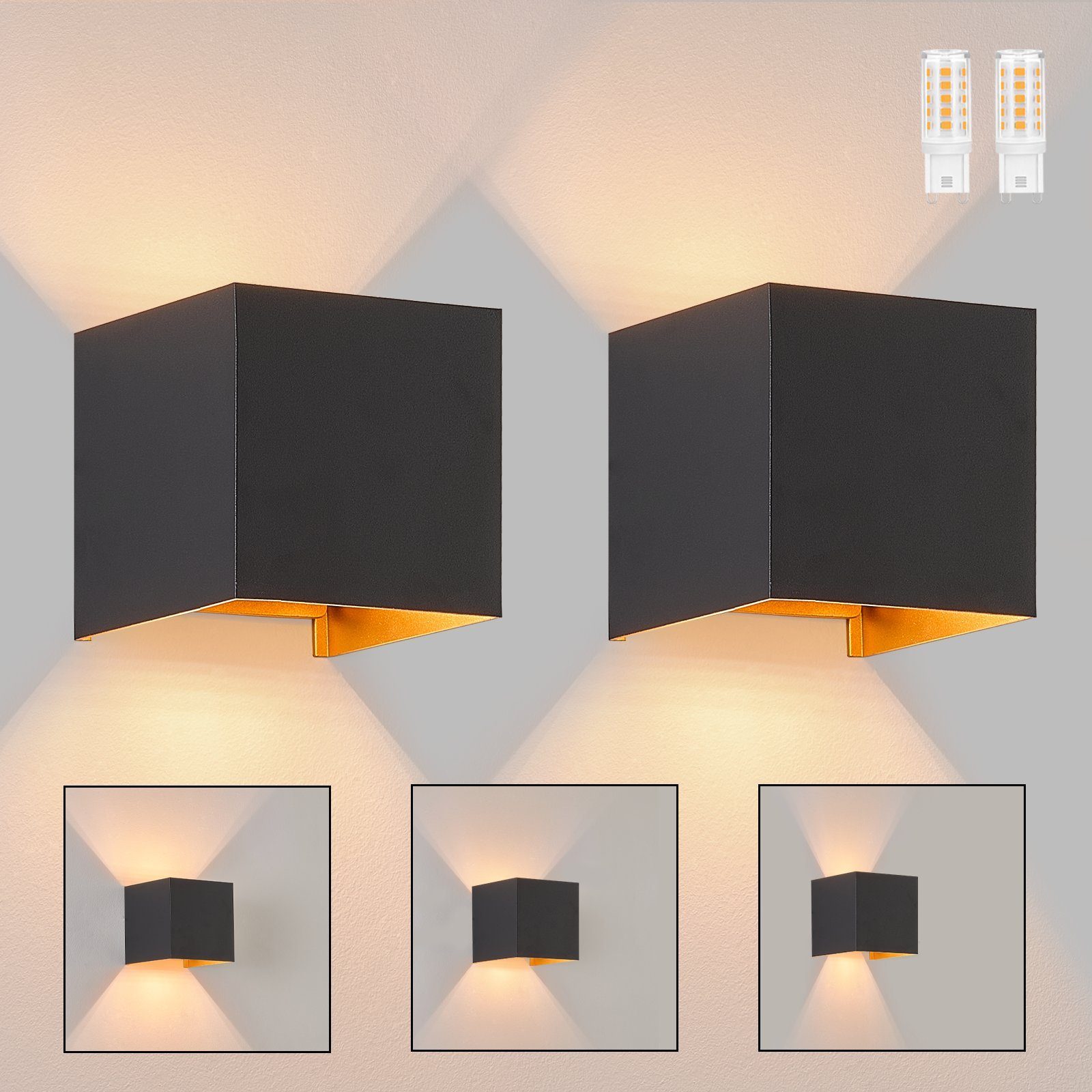 NETTLIFE LED - seinävalaisin, 3W, 2Kpl - G9, ulko -/sisäseinävalaisin, musta ja Kulta VedenpitäväKaksoissäde, säädettävä, IP65 230V, 3000K