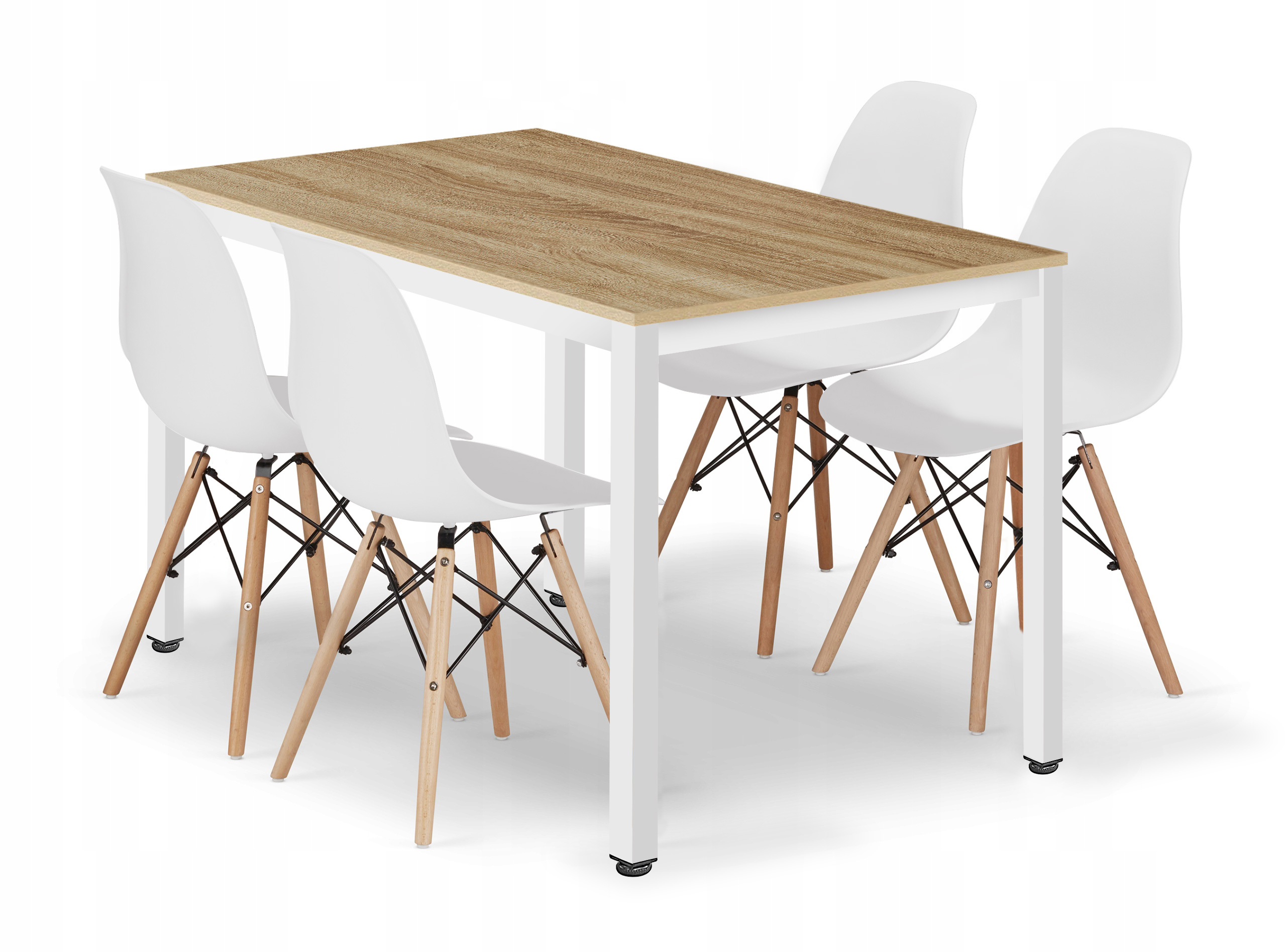 TESSA suorakulmainen pöytä 120x60 tammi, 4 OSAKA-tuolia valkoinen