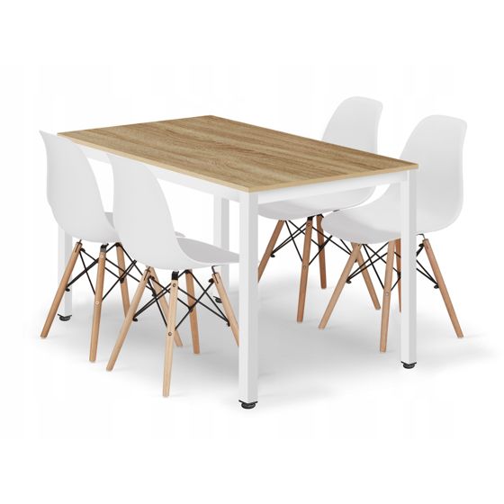 TESSA suorakulmainen pöytä 120x60 tammi, 4 OSAKA-tuolia valkoinen