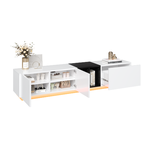 Televisiokaappi, jossa on laatikot ja avoimet hyllyt, valkoinen