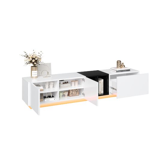 Televisiokaappi, jossa on laatikot ja avoimet hyllyt, valkoinen