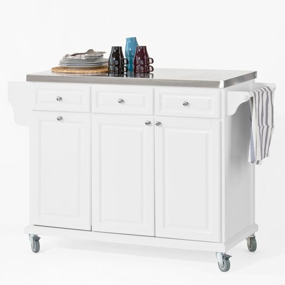 SoBuy Keittiösaareke pyörillä puukuitulevystä ja ruostumattomasta teräksestä valkoinen FKW33-W