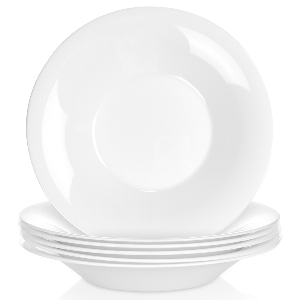 Syvät lasiset ruokalautaset, valkoiset, 21,5 cm, 400 ml, 6 kpl.