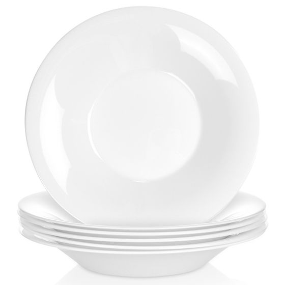 Syvät lasiset ruokalautaset, valkoiset, 21,5 cm, 400 ml, 6 kpl.