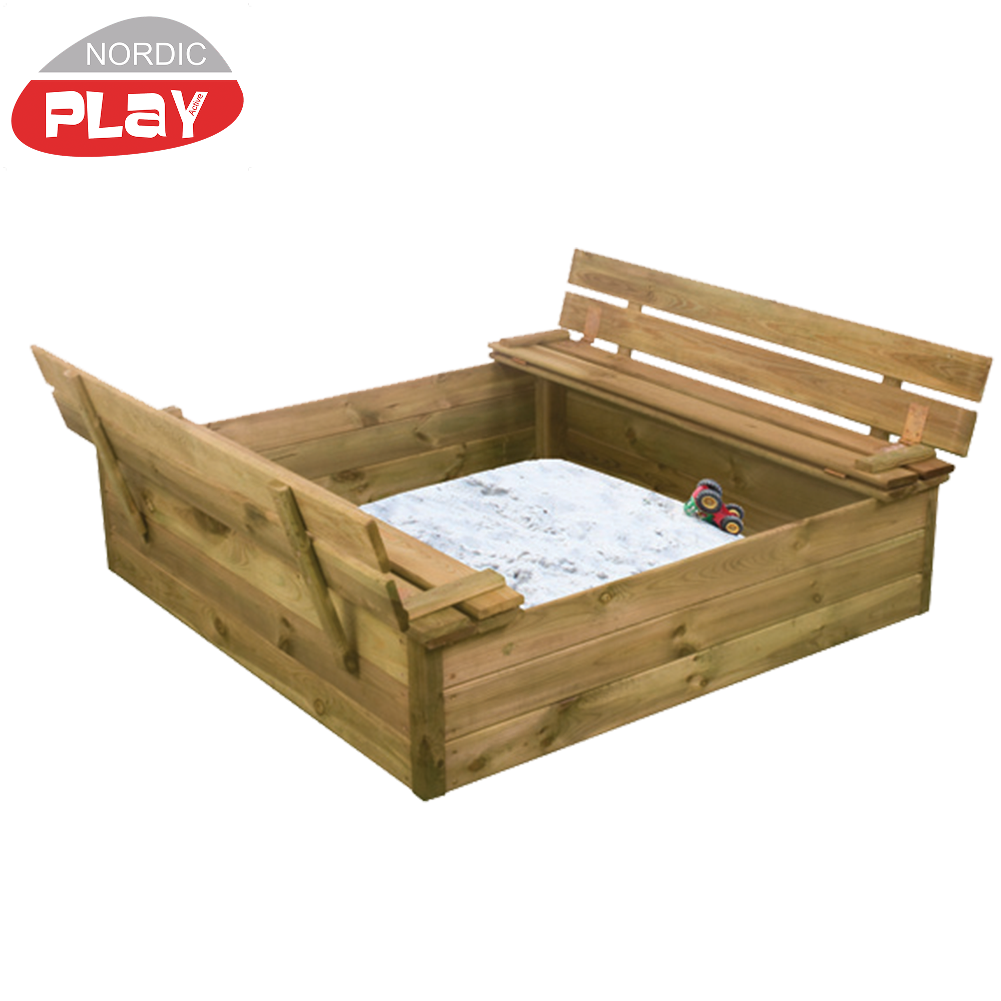 Hiekkalaatikko penkeillä ja kannella, sis. 240kg hiekkaa, 120 x 120 x 27 cm NORDIC PLAY