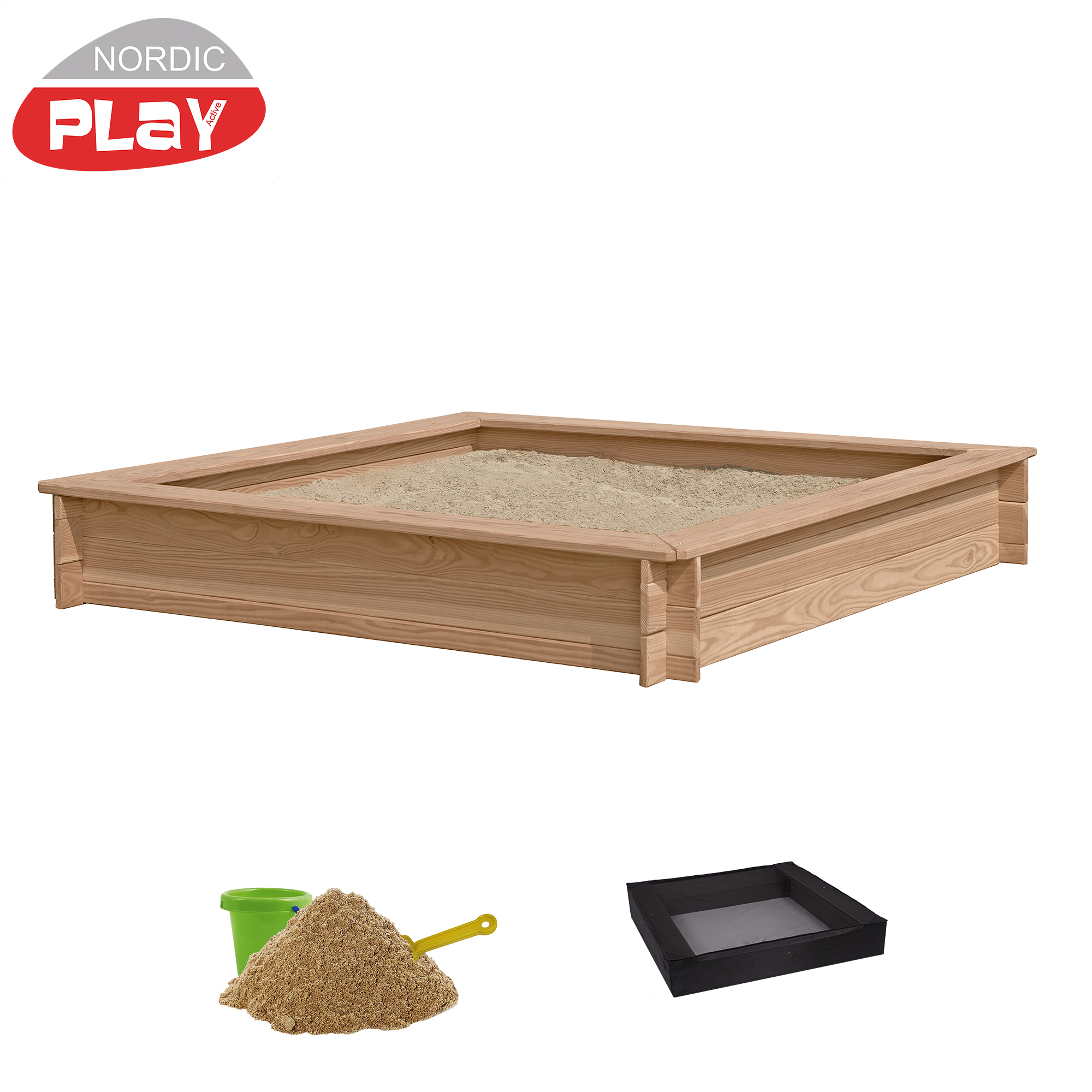 NORDIC PLAY Hiekkalaatikko, lehtikuusi, 150 x 150 cm sis. verkko ja 200 kg hiekkaa