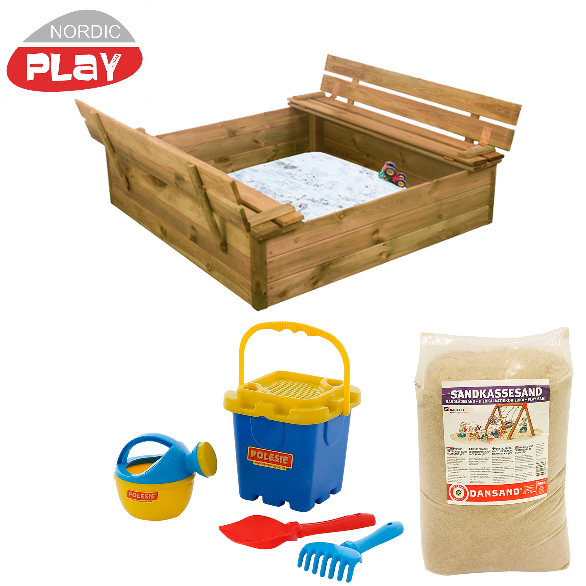 Hiekkalaatikko penkeillä ja kannella, 120 x 120 x 27 cm NORDIC PLAY