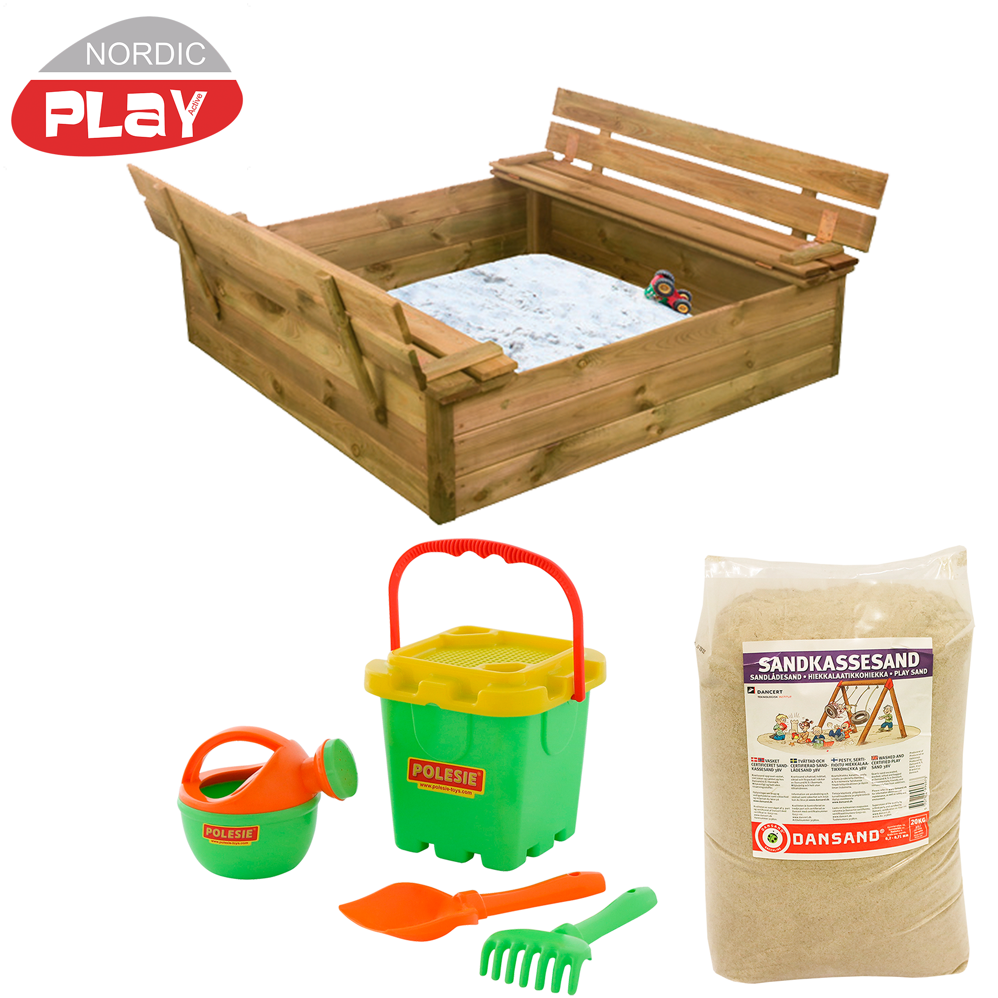 Hiekkalaatikko penkeillä ja kannella, sis. 240kg hiekkaa ja vihreä leikkisetti, 120 x 120 x 27 cm NORDIC PLAY