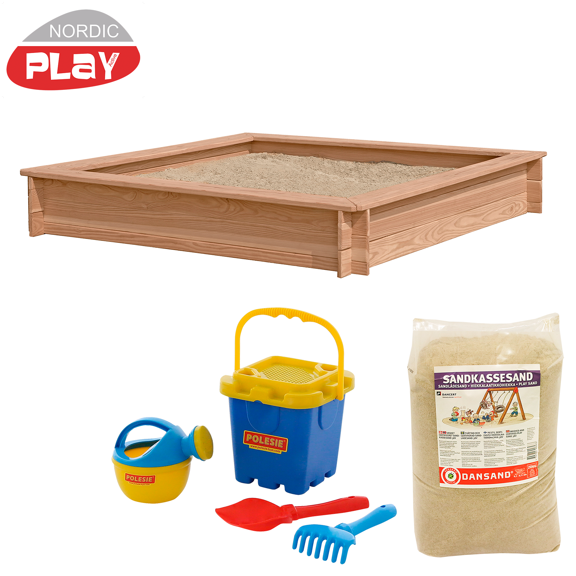 Hiekkalaatikko, lehtikuusi, 240kg hiekkaa ja sininen lelusetti, 150 x 150 cm NORDIC PLAY